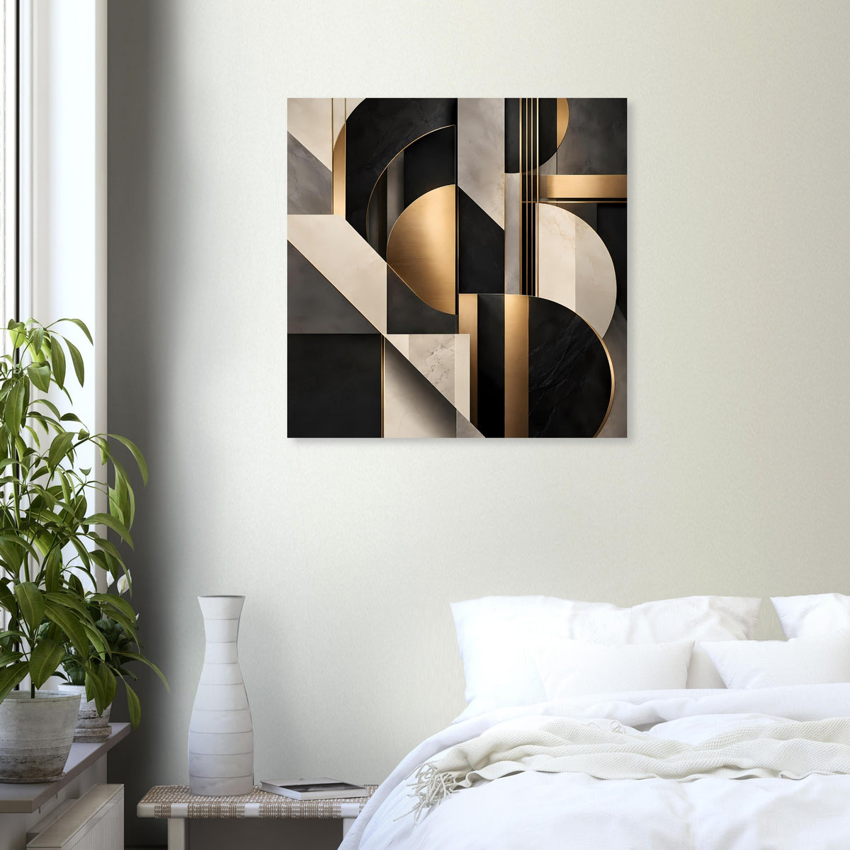 Geometrisches Wandposter mit Goldstreifen, abstrakten Kurven in Schwarz und Beige
