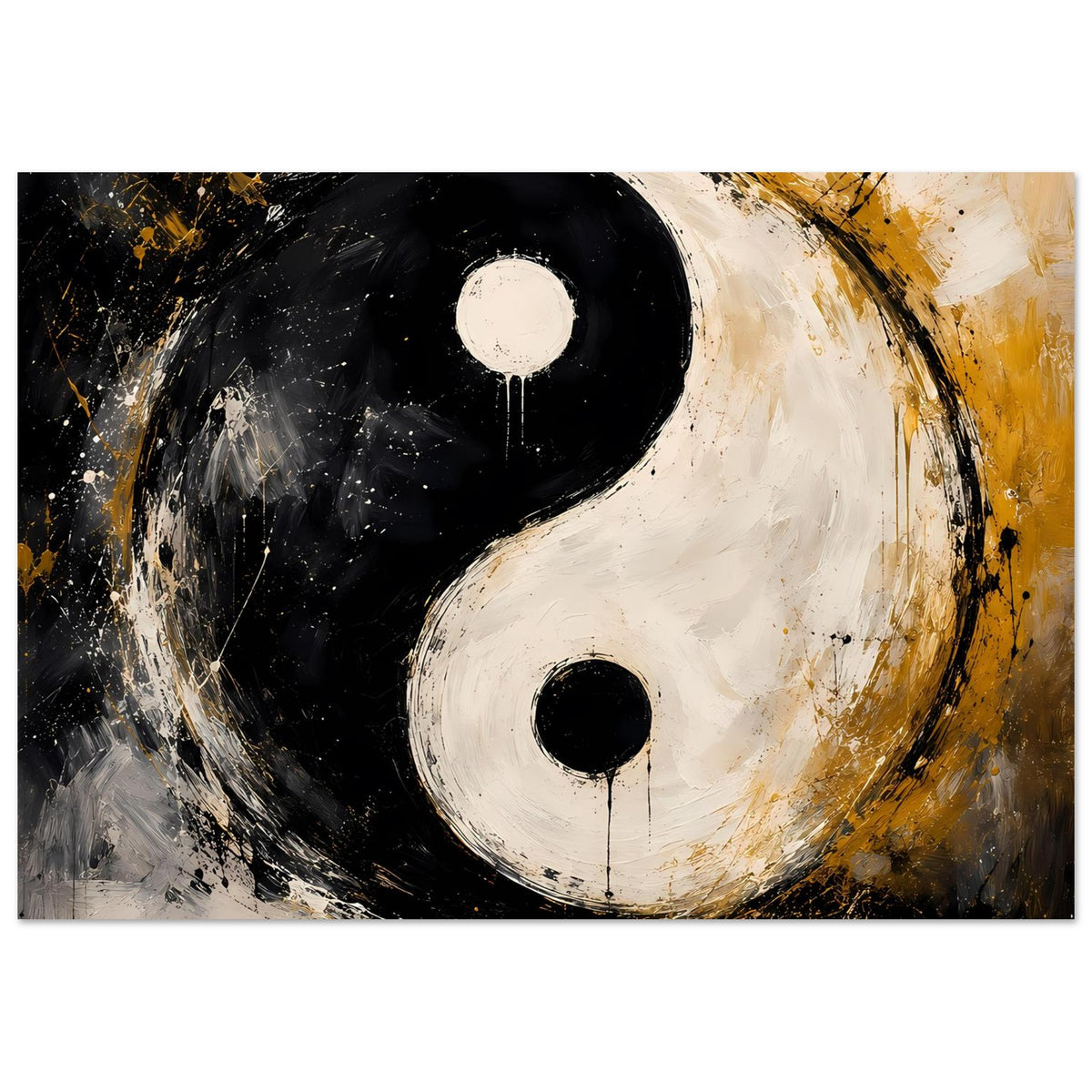 Abstraktes Yin-Yang Poster, zentrale Yin-Yang-Kreise in Schwarz, Weiß und goldenen Spritzern