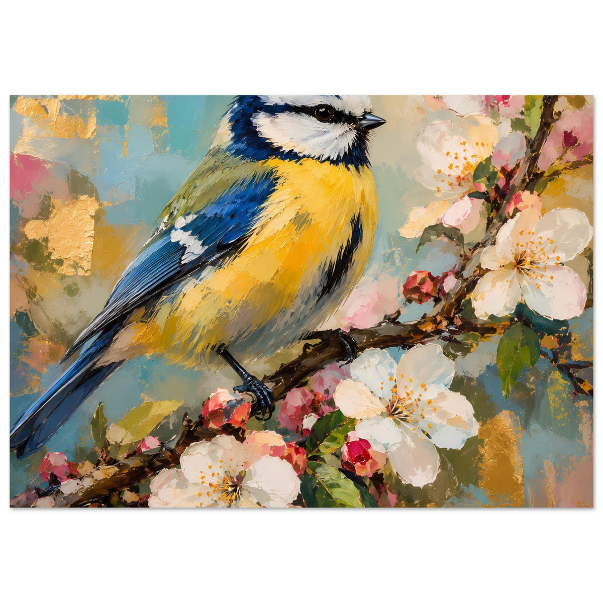 Vogelkunst-Poster mit naher Ansicht der blauen Kohlmeise und großen weißen Blüten