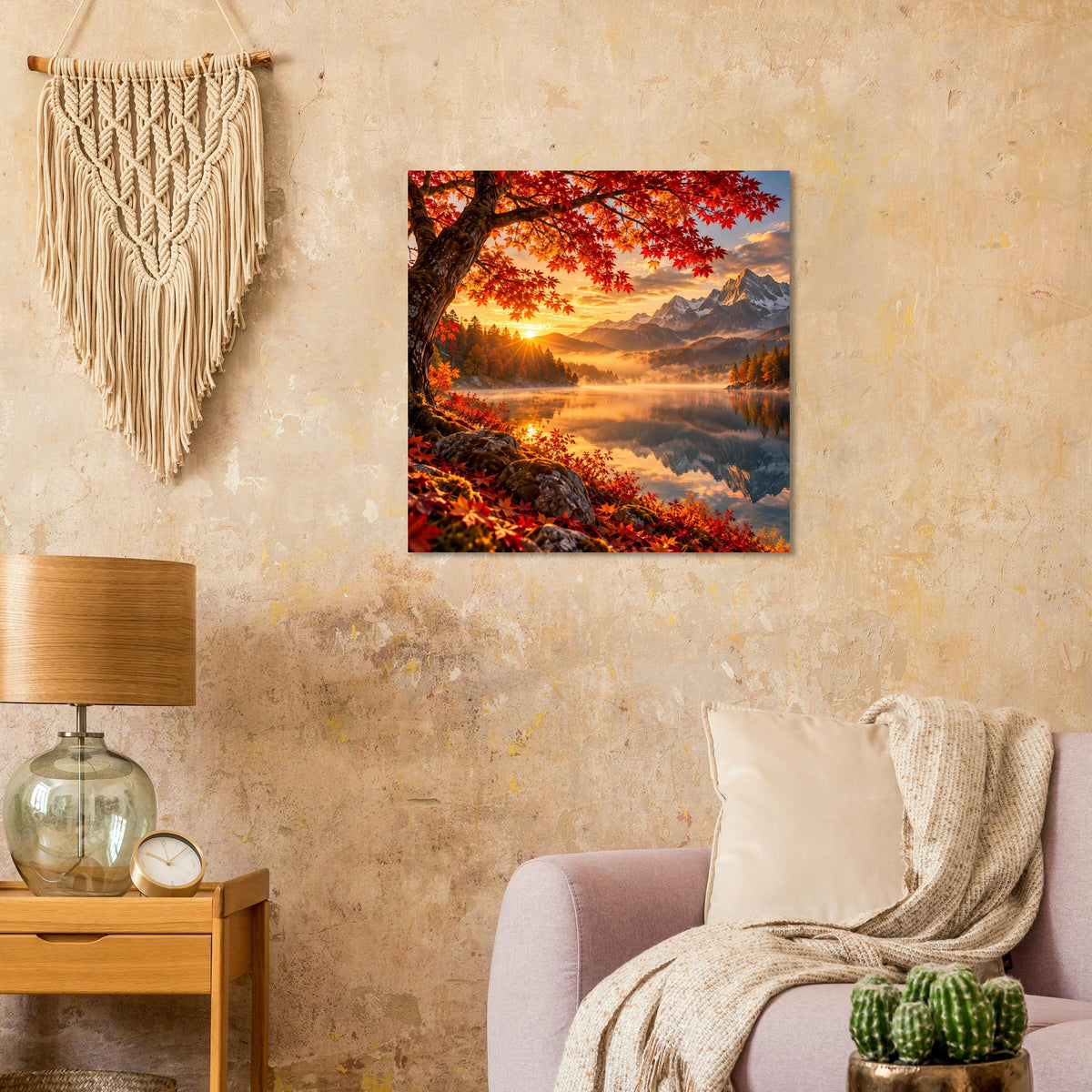 Poster mit Landschaftsmotiv an Wand: Sonnenaufgang über Wasser, Berge und Herbstlaub