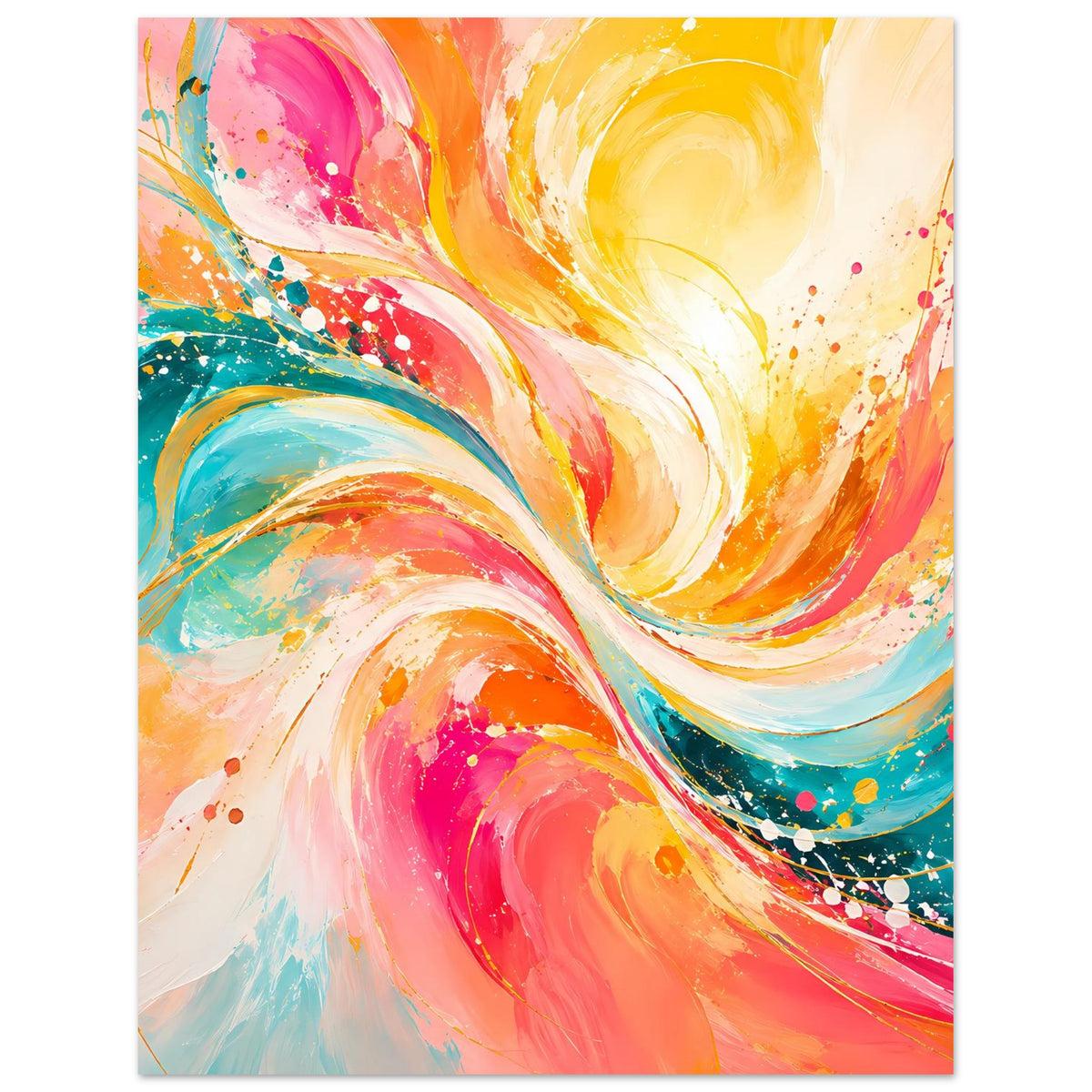 Abstraktes Kunstposter, vertikal: farbige Swirls mit Spritzern in Orange, Pink, Türkis
