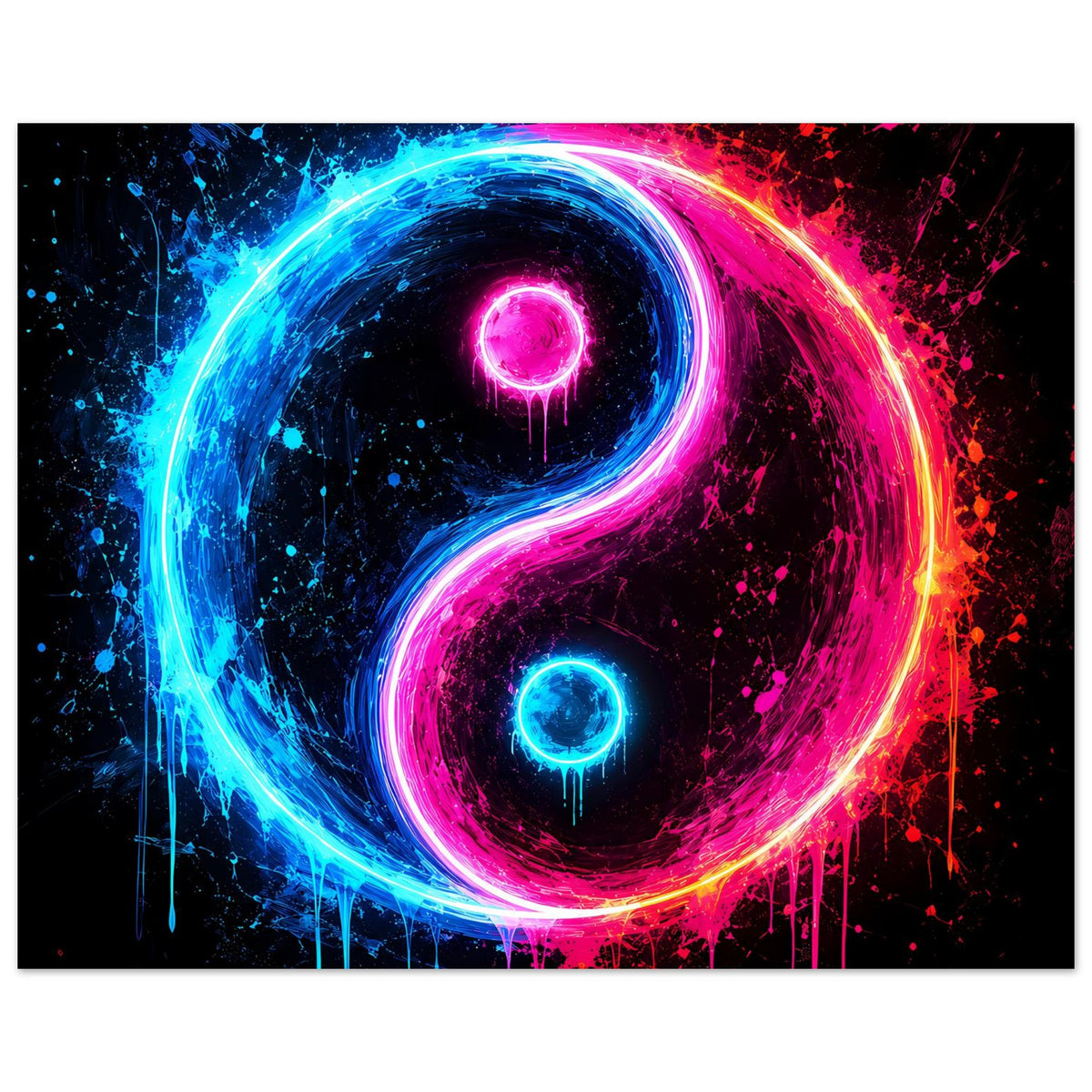 Neon-Yin-Yang-Poster mit blauem und pinkem Leuchten, sichtbare Farbspritzer am Rand