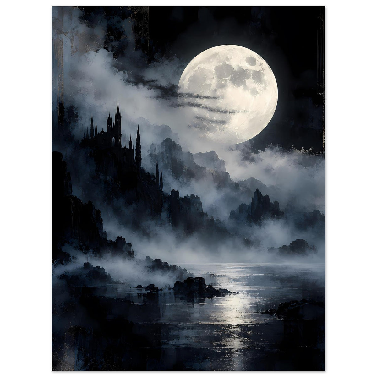 Hochformat-Fantasy-Landschaftsposter: großer Mond, Nebelschleier und Schloss-Silhouette