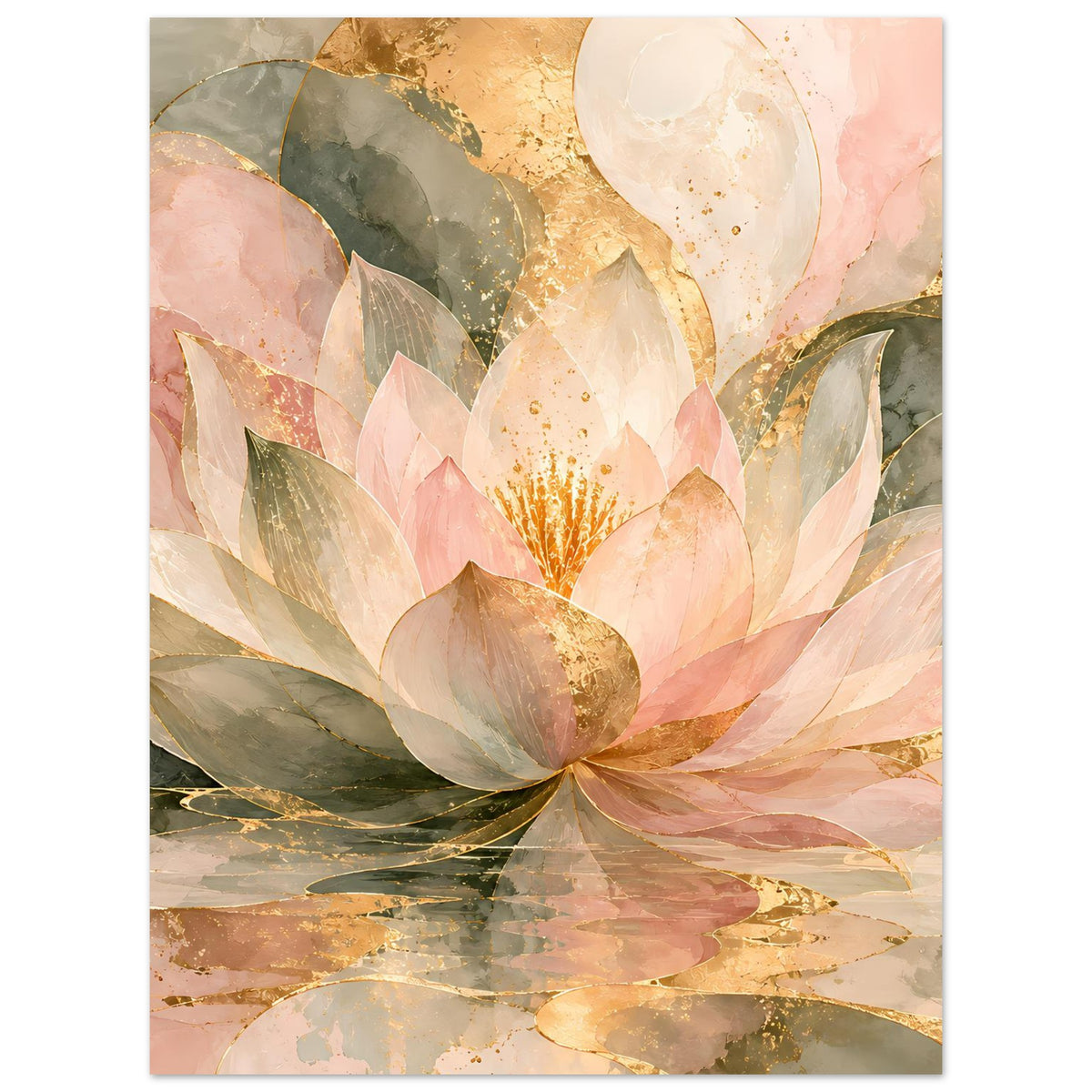 Vertikales Poster mit zarter Lotusblüte in Rosé, Gold und Grün.