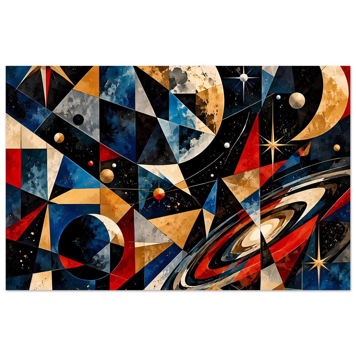 Langformat-Poster mit abstrakter Raumkunst, Planetenscheibe, Ring und Sternen in kräftigen Farben