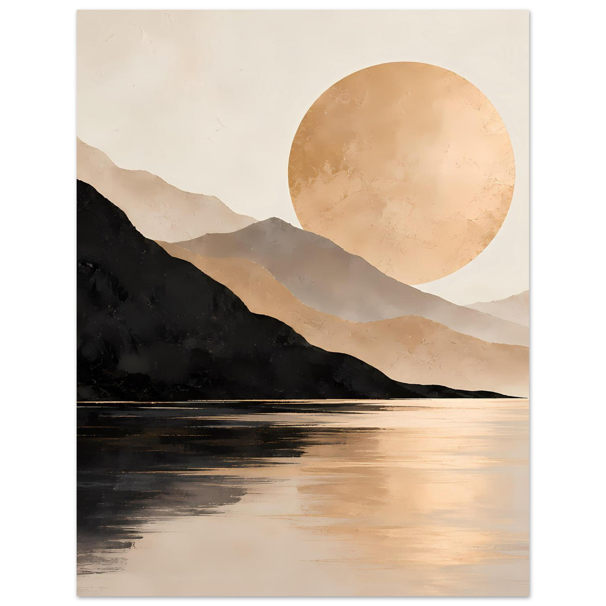 Poster mit Bergkette, Seeufer, Spiegelungen im Wasser und goldener Sonnenscheibe.