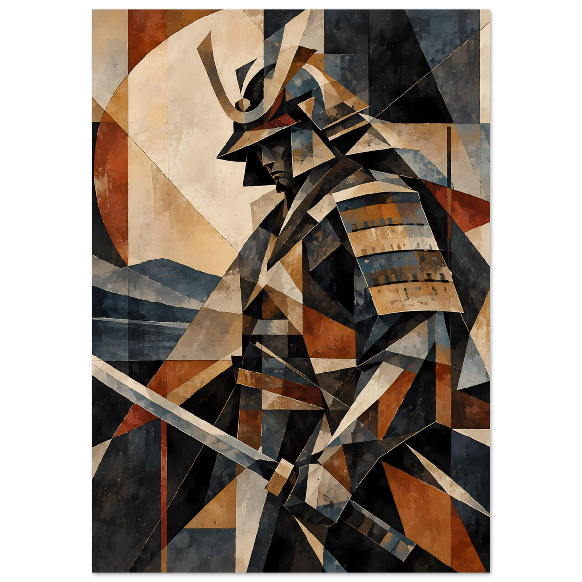 Poster mit geometrischem Samurai-Krieger, dunkle Linien und Blauflächen, gerüsteter Oberkörper