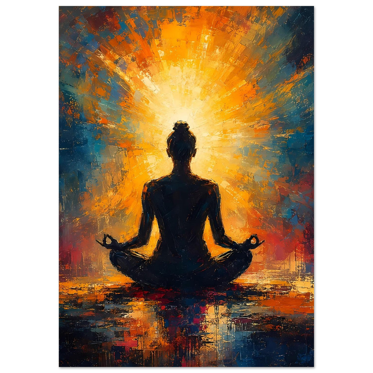Poster im Hochformat mit meditierender dunkler Silhouette, leuchtende Strahlen, abstraktes Lichtmuster