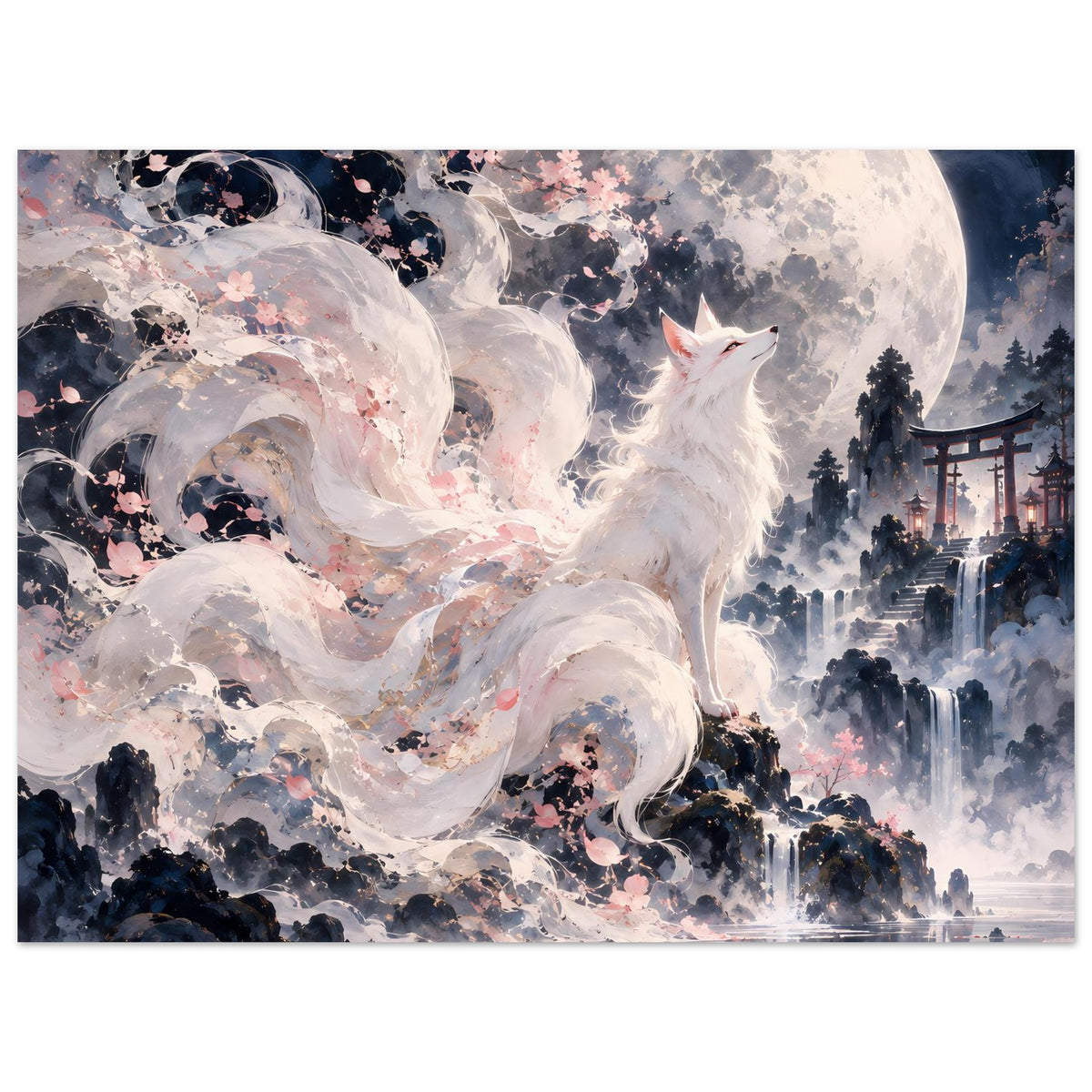 Fantasy-Poster: weißer Fuchs, Vollmond, Kirschblüten und beleuchtete Turmkulisse