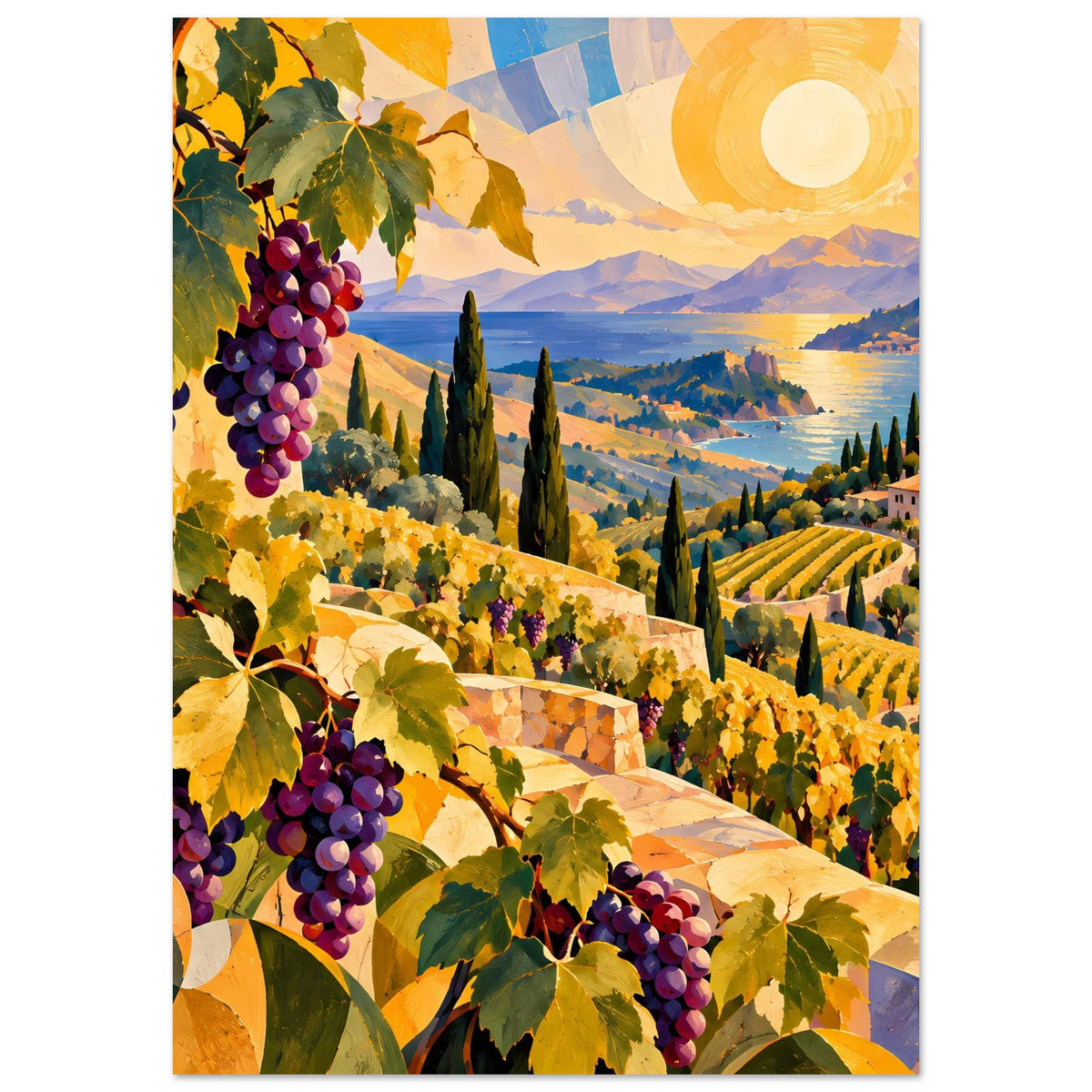 Landschaftsposter mit mediterranem Weinberg, Weintrauben im Vordergrund und Abendlicht
