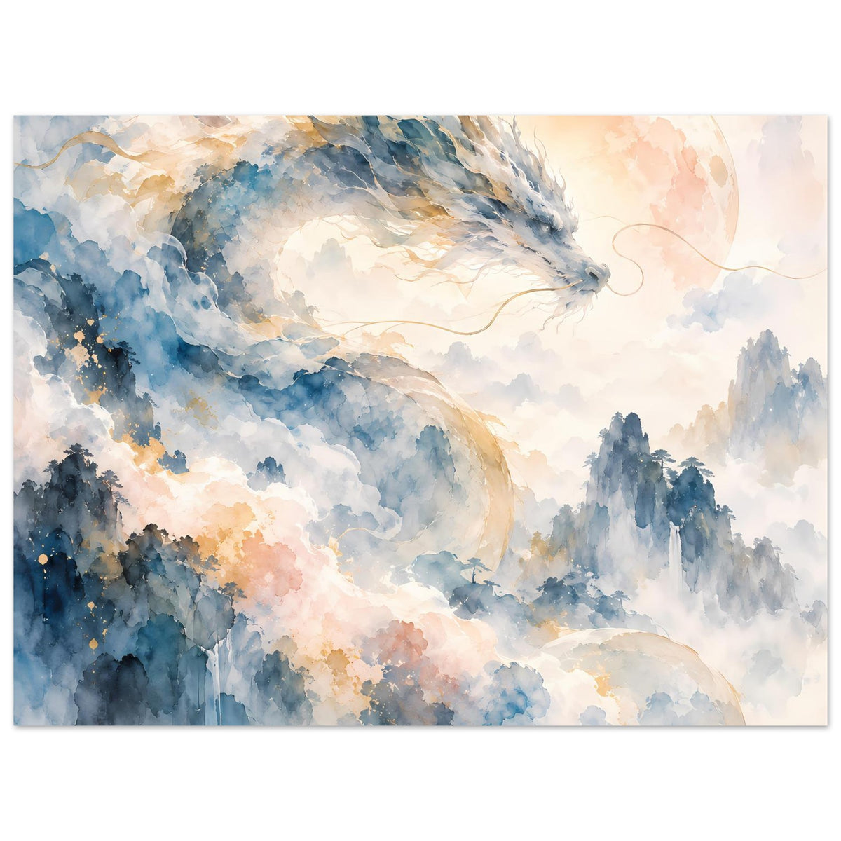 Fantasie-Aquarellposter im Querformat: blauer Drachenrücken über Nebelbergen