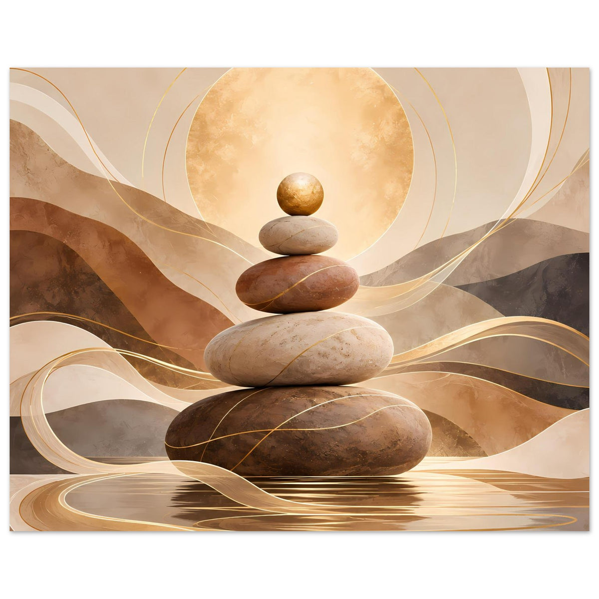 Zen-Poster im Querformat: Steinturm mit goldenen Linien, warmen Erdtönen und Reflexen
