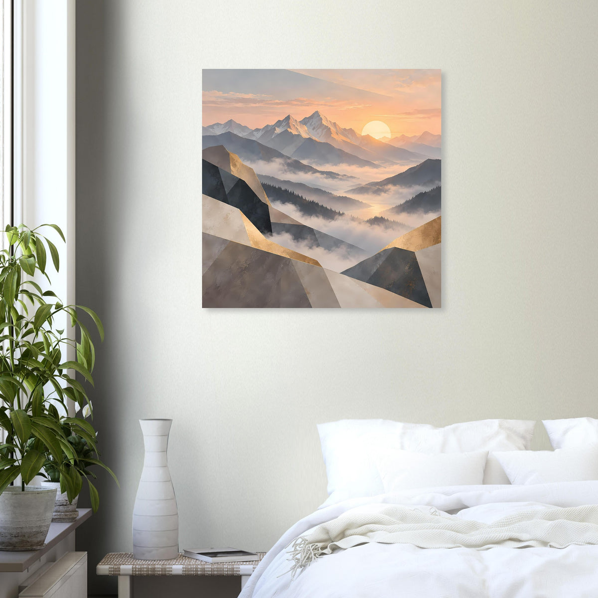 Quadratisches Wandposter mit Bergsonnenaufgang, Pastelltöne und goldfarbenen Dreiecken