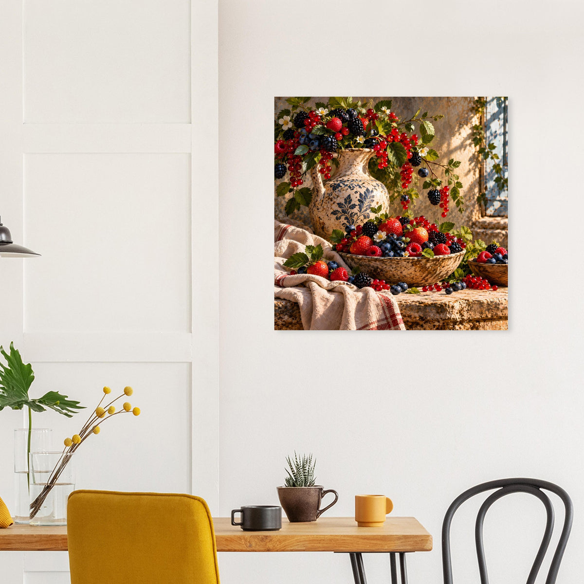 Quadratisches Poster mit buntem Beerenstillleben, Vase und Obstschale
