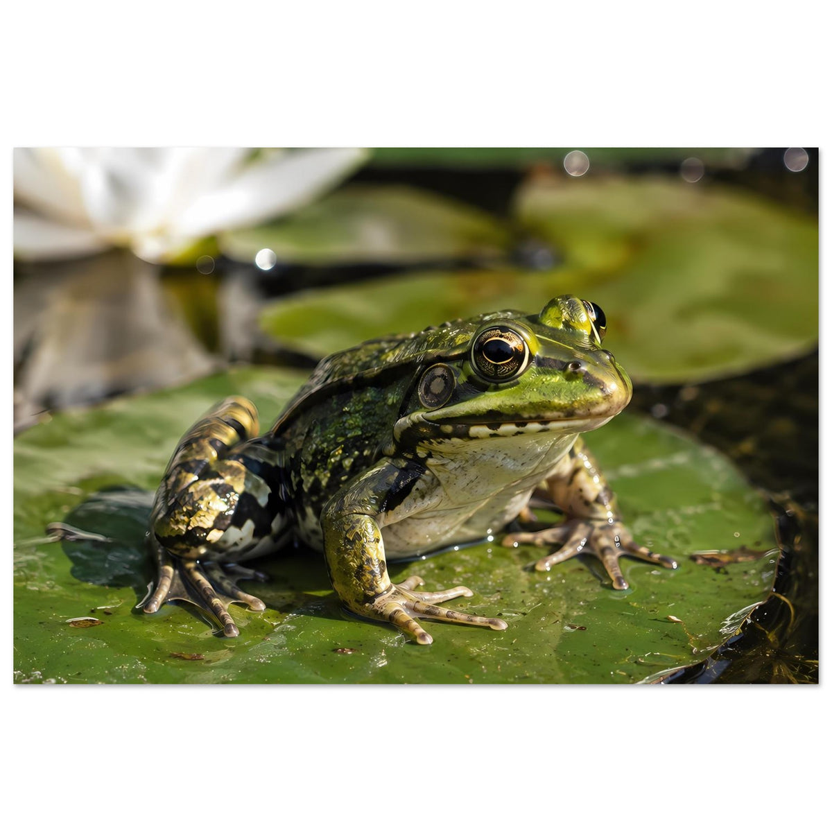 Poster mit Frosch auf Seerosenblatt, nahes Motiv im Querformat mit deutlichen Hautmustern.
