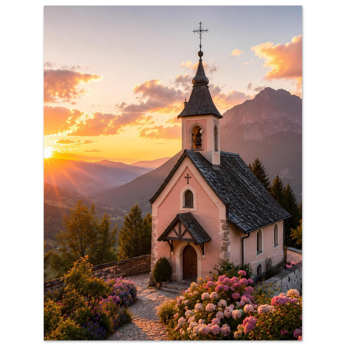 Landschaftsposter mit Kapelle: Glockenturm, Kirchenfenster und blühende Sträucher am Weg