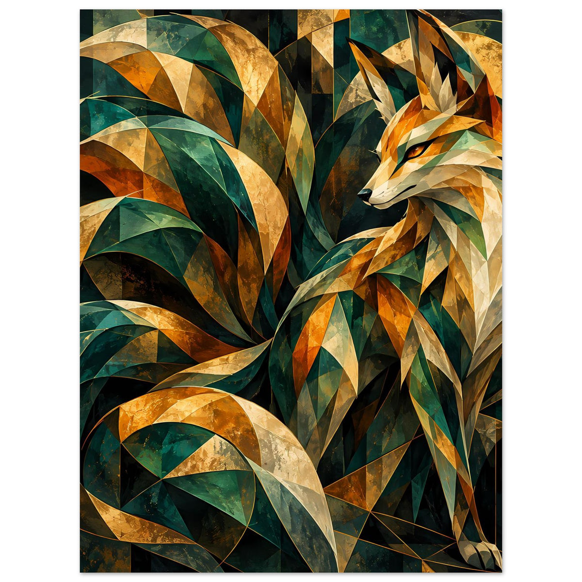 Kunstposter mit stilisiertem Fuchs aus goldenen, grünen und beigen Prismen vor dunklem Hintergrund.