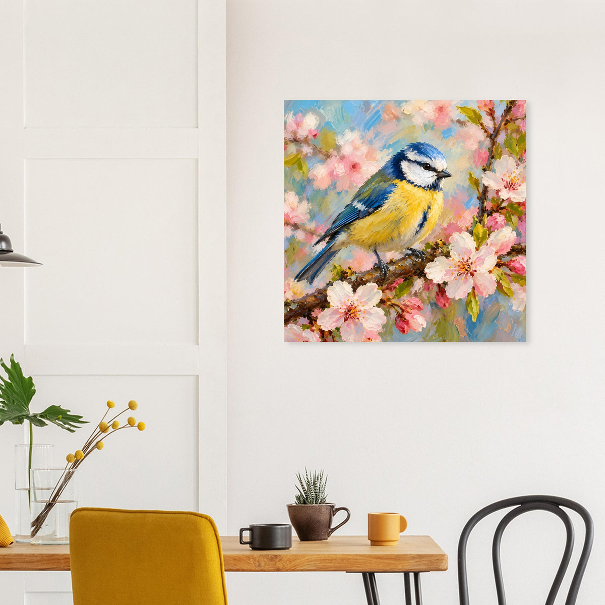 Quadratisches Vogel-Poster mit blau-gelbem Vogel und pinken Blüten im Aquarell-Look