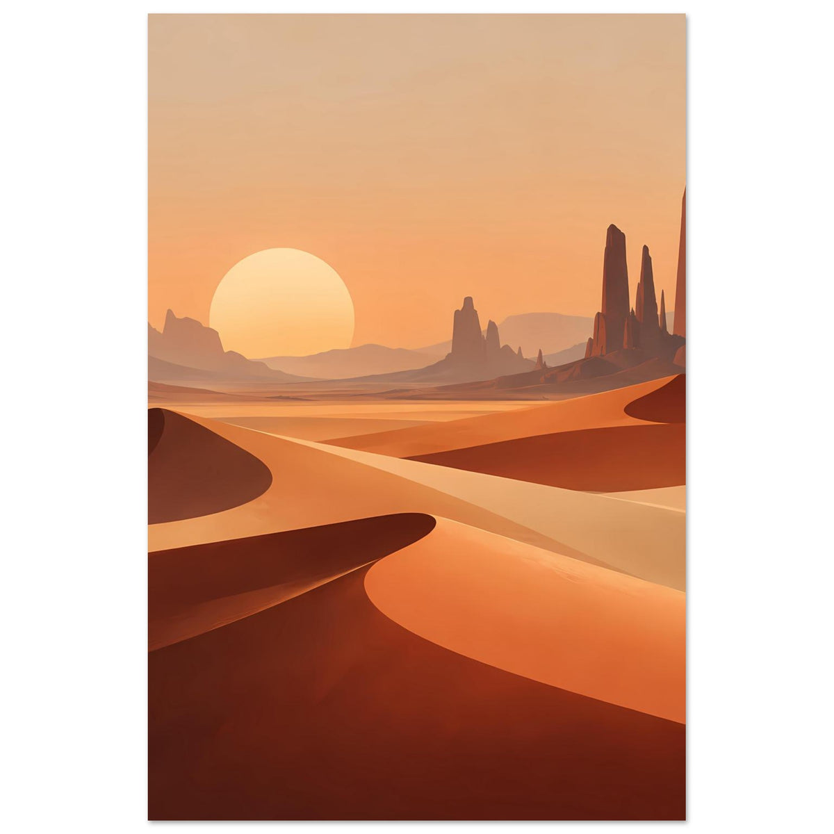 Vertikales Poster mit Wüstenlandschaft: großer gelber Sonnenkreis, Sanddünen und Felswände.