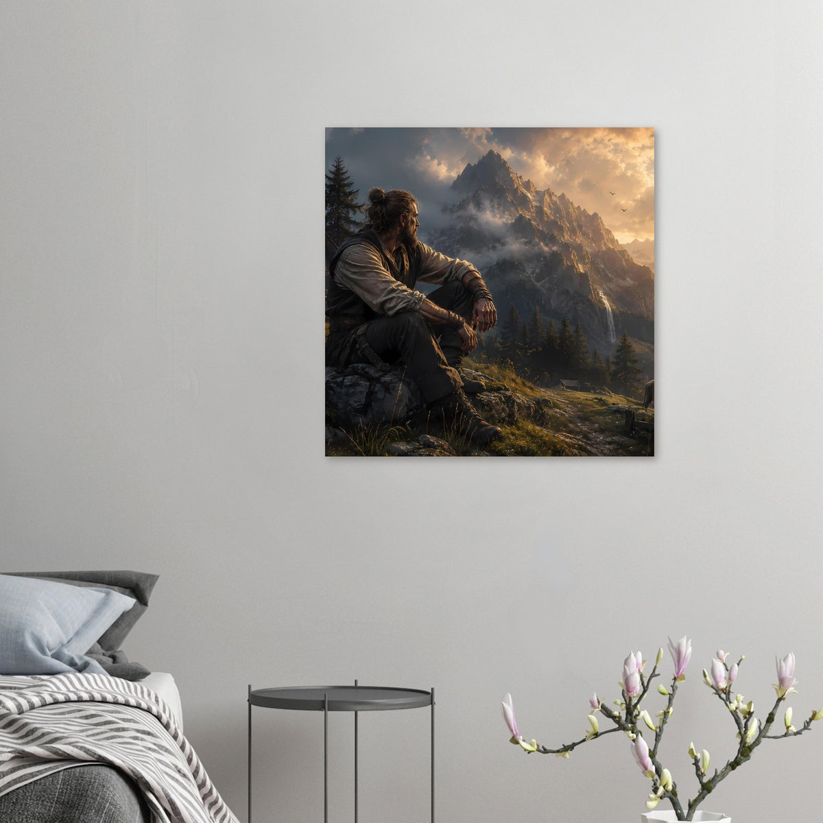 Kleines Wandposter im Querformat: Mann am Fels mit Bergpanorama und Abendhimmel