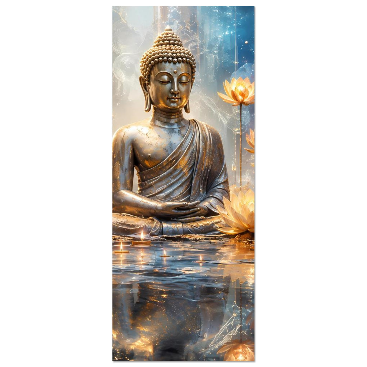 Zen-Serenity-Poster hochformatig: Buddha im Meditationssitz, Lotusblüten mit goldenem Schimmer