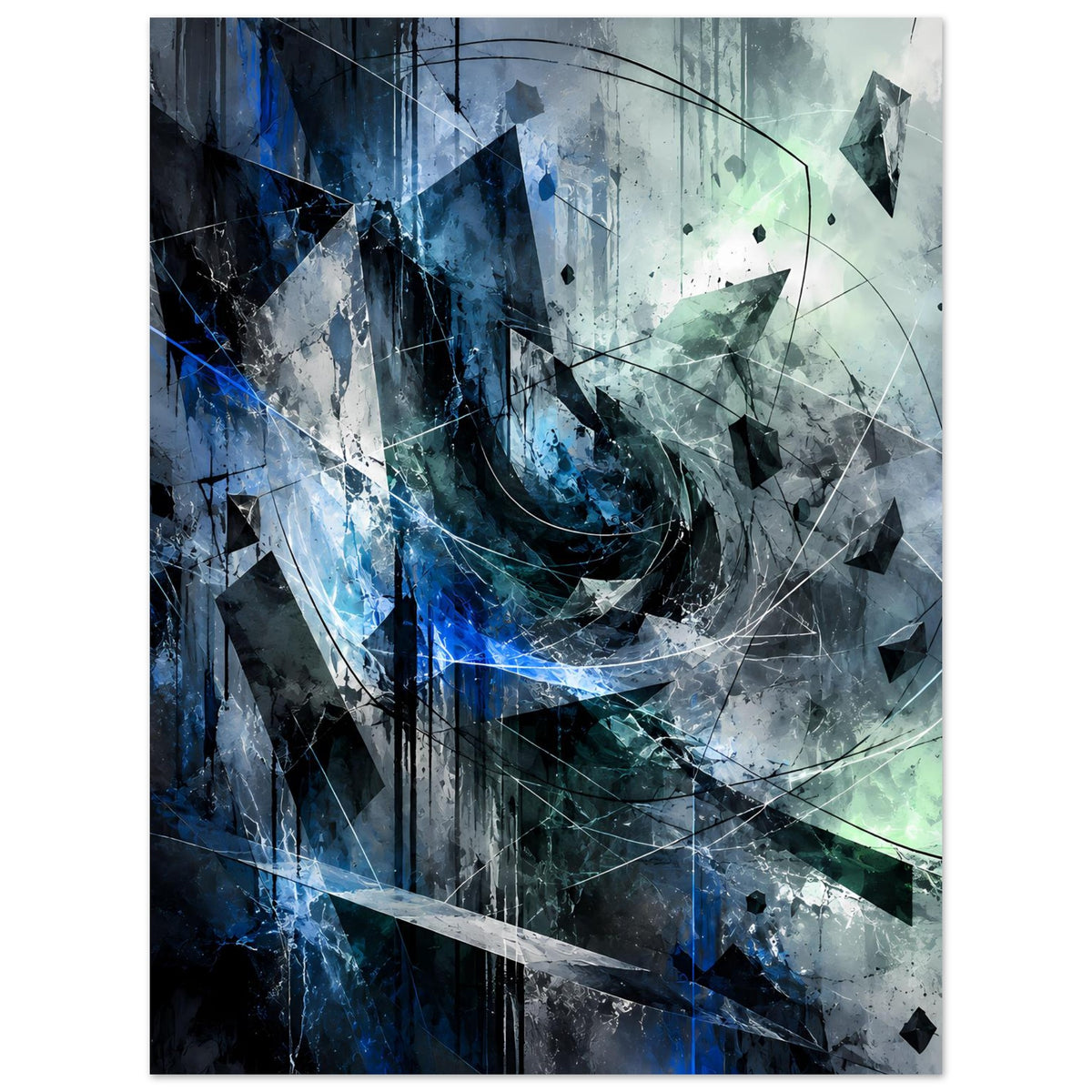 Abstraktes Kunstposter mit blauem Akzent und grünen Spritzpunkten, vertikal
