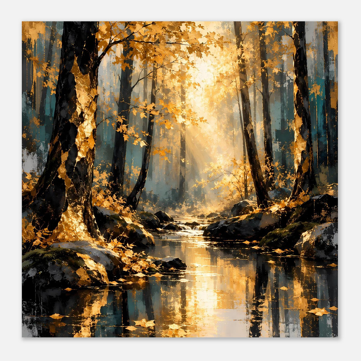 Herbstwald-Poster (quadratisch) mit Bäumen, Nebellicht und reflektierendem Bach