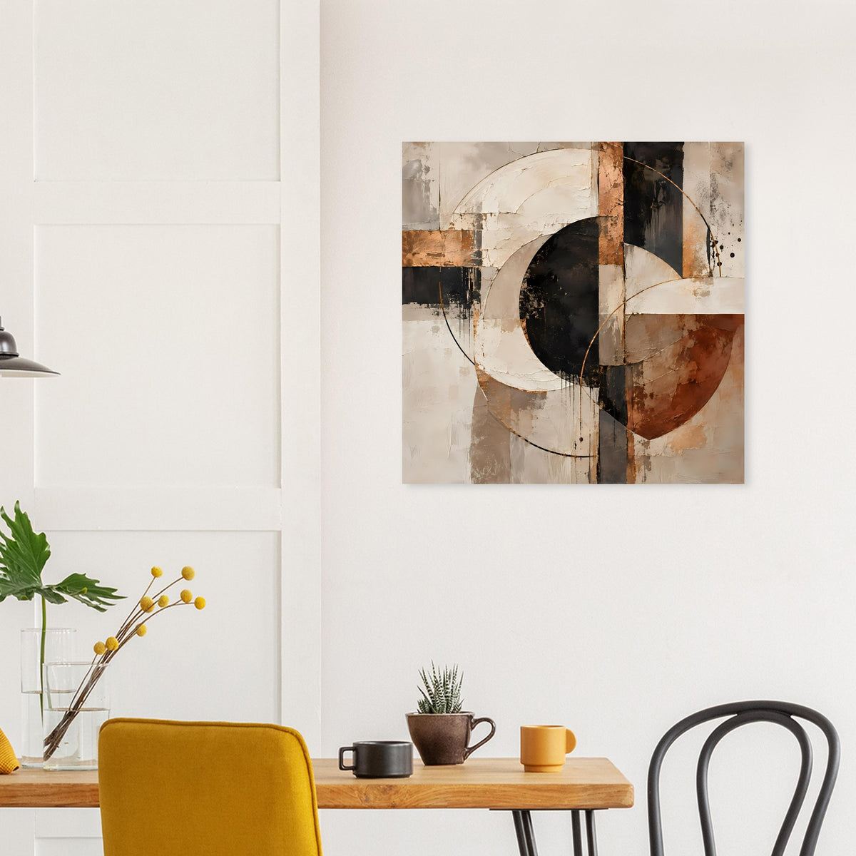 Abstraktes Kunstposter mit großen Kreisformen, schwarzen Bereichen und warmen Erdtönen