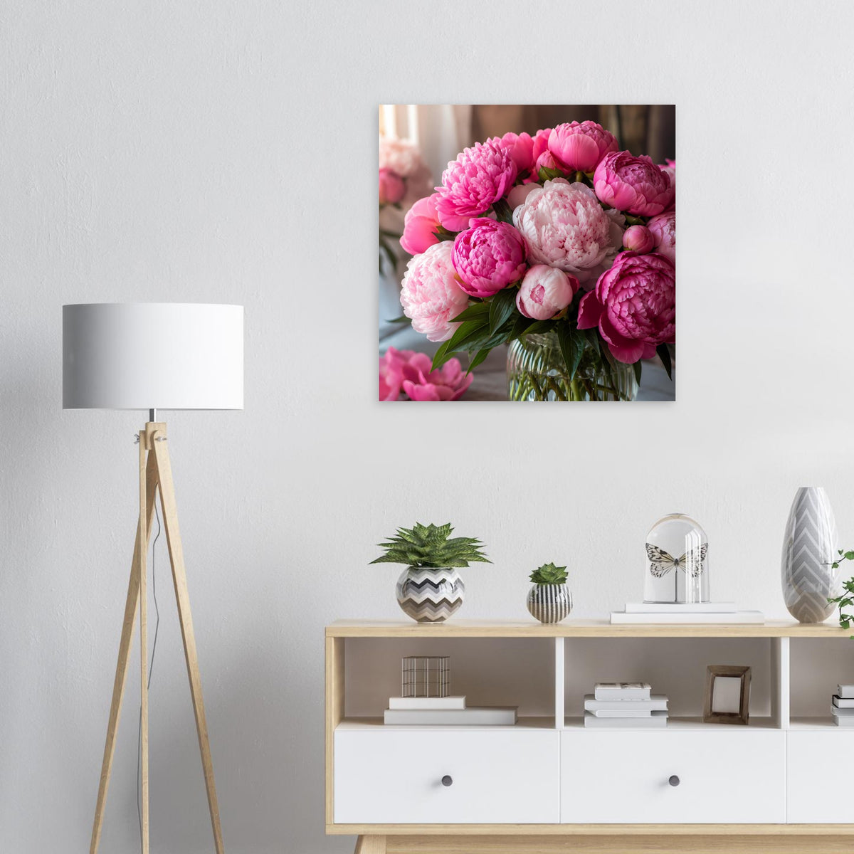 Poster mit rosa Pfingstrosen-Bouquet, detailreiche Blüten und grünes Laub
