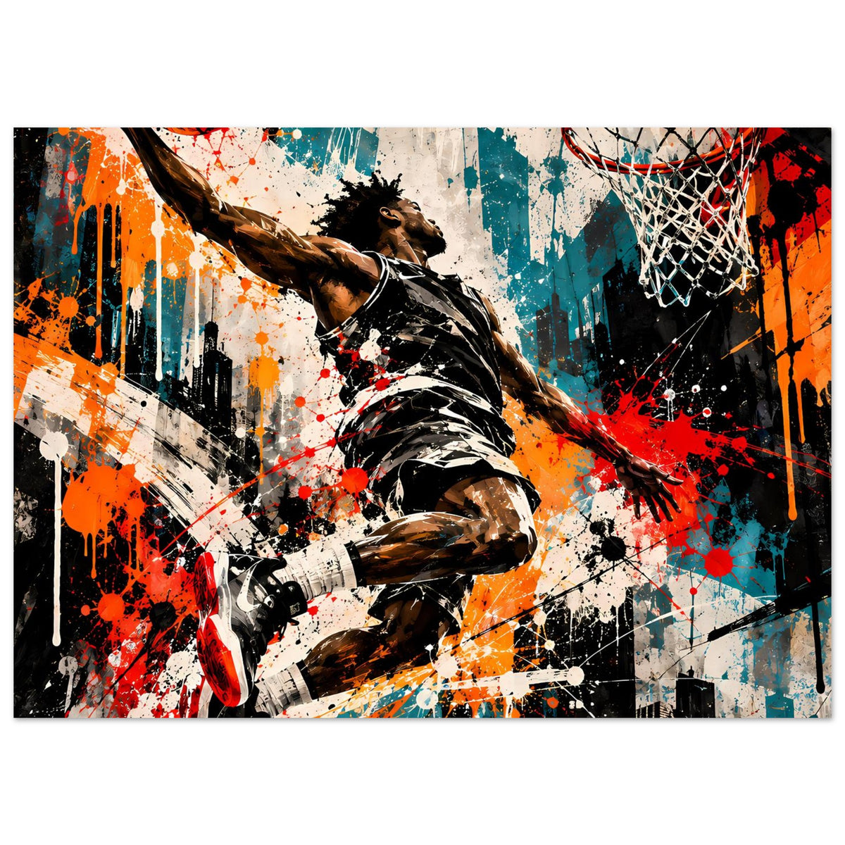 Basketball-Poster querformat: Figur beim Wurf, Korbnetz rechts oben, Spritzmuster und Punkte