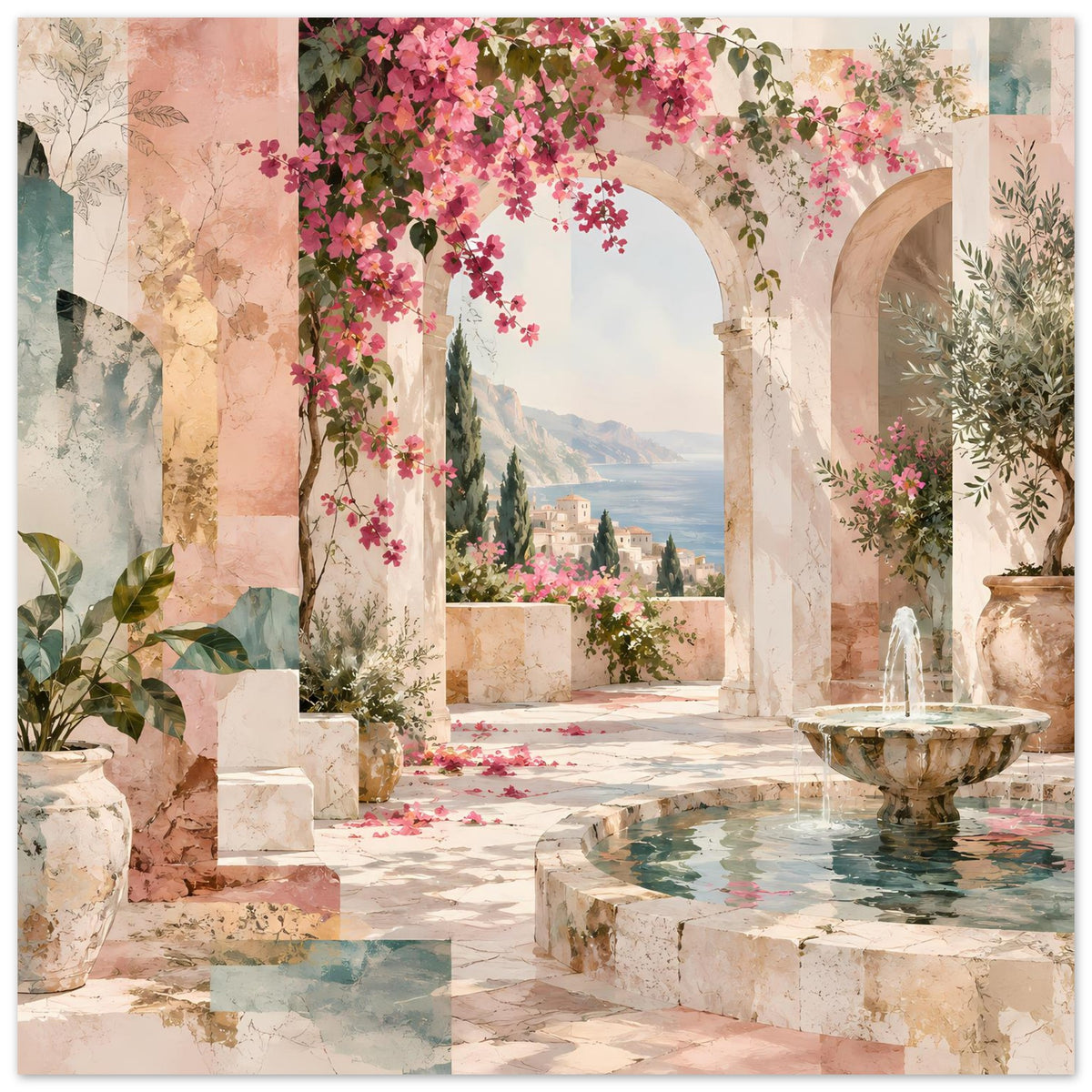 Kunstposter im Hochformat: Terrasse zwischen Bögen, Brunnen und rosa Blüten