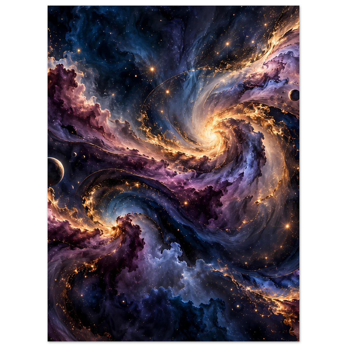 Weltraum-Poster mit kosmischem Nebelwirbel, Sternenstrahlen und einem kleinen dunklen Planeten.