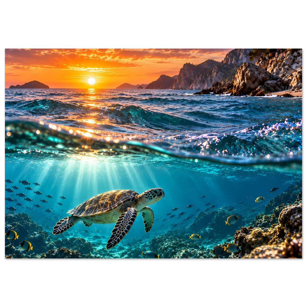 Wandposter: Meeresschildkröte im blauen Ozean mit Fischen und goldenem Sonnenlicht