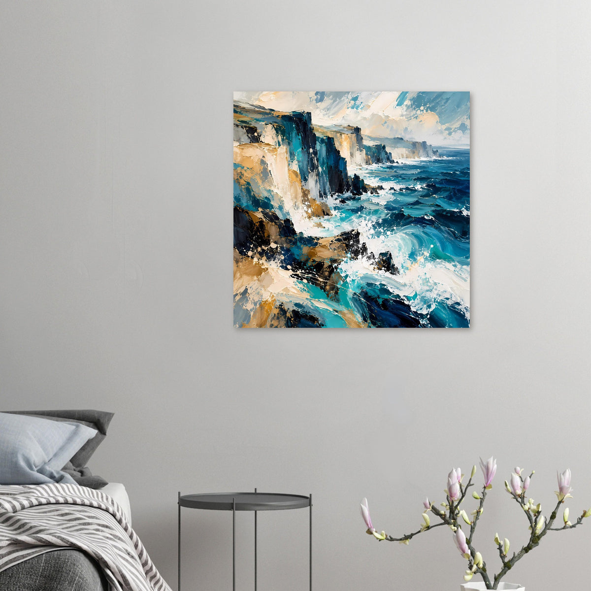 Kleines Poster mit abstrakten Küstenwellen: türkise Brandung und Felsenklippen, Rahmen