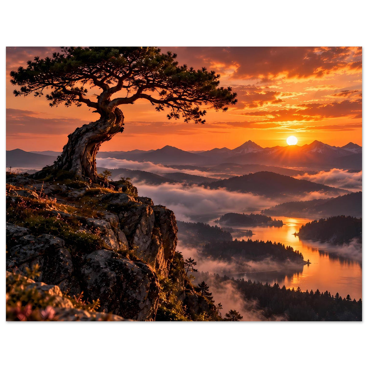 Landschafts-Panorama Poster mit Baum auf Felsen, Sonne am Horizont und Berge im Dunst