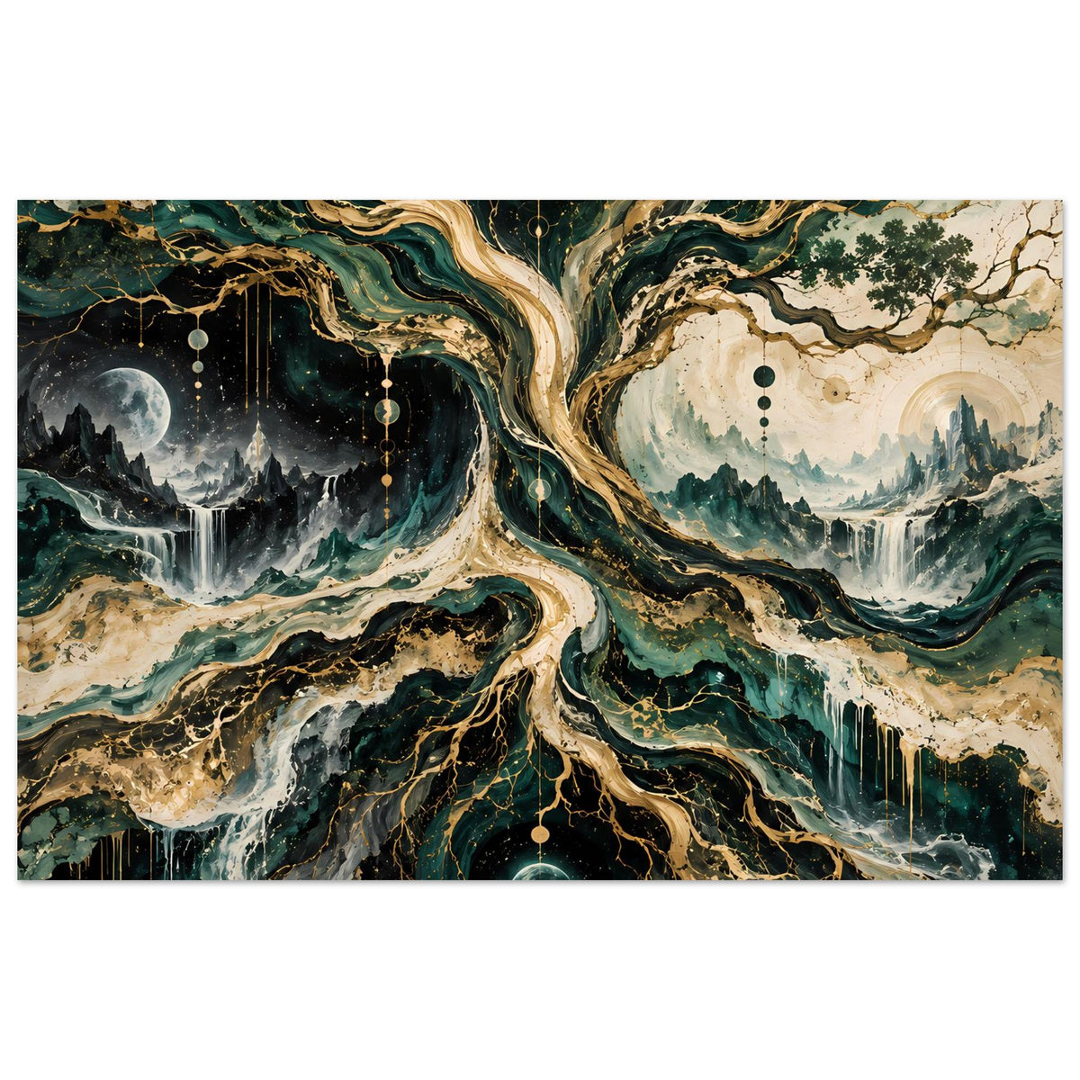 Wandposter im Querformat mit Baumlandschaft, dunklem Nachthimmel, goldgrünen Wurzeln und Sternen