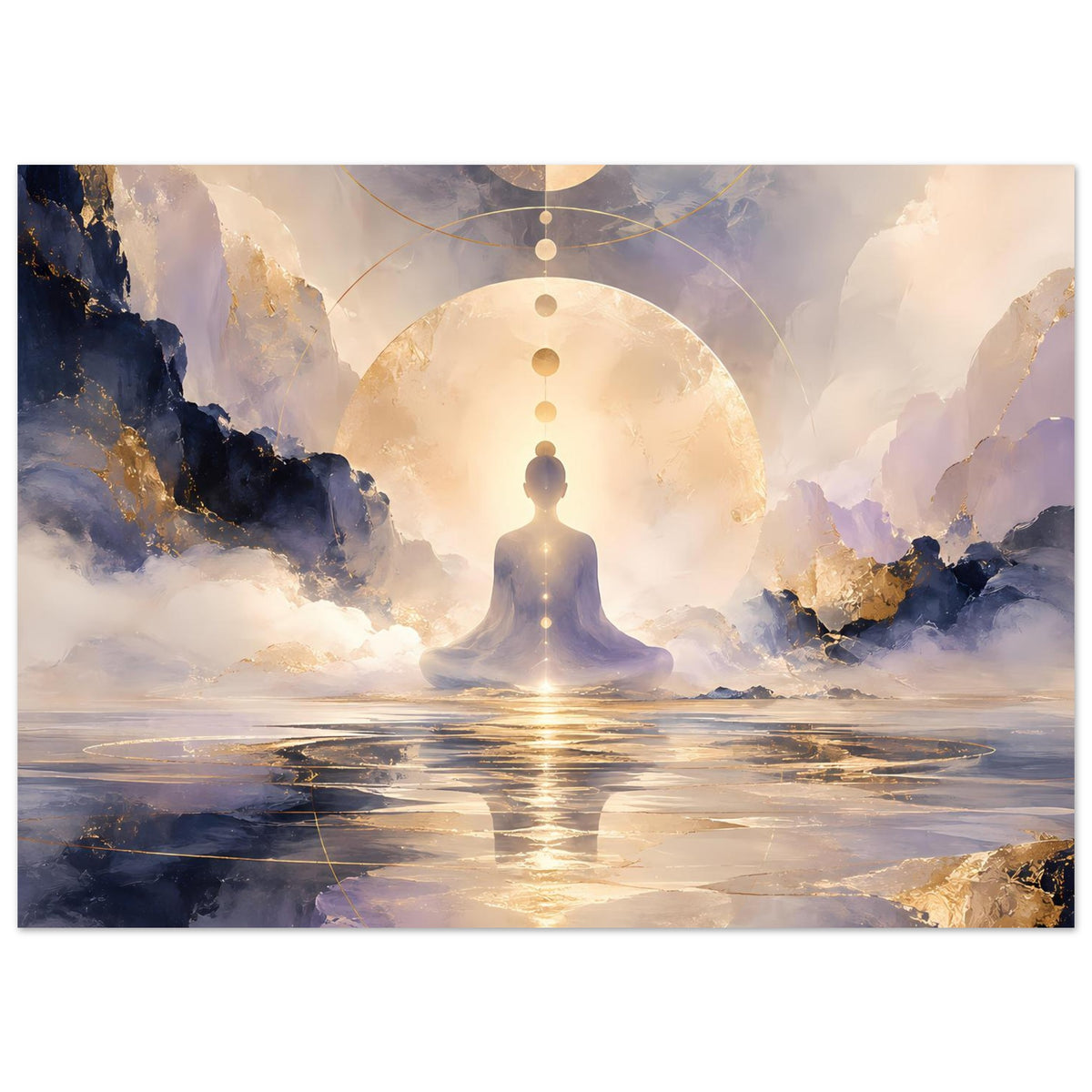 Poster mit meditierender Silhouette, goldenem Mond und Felslandschaft im Querformat