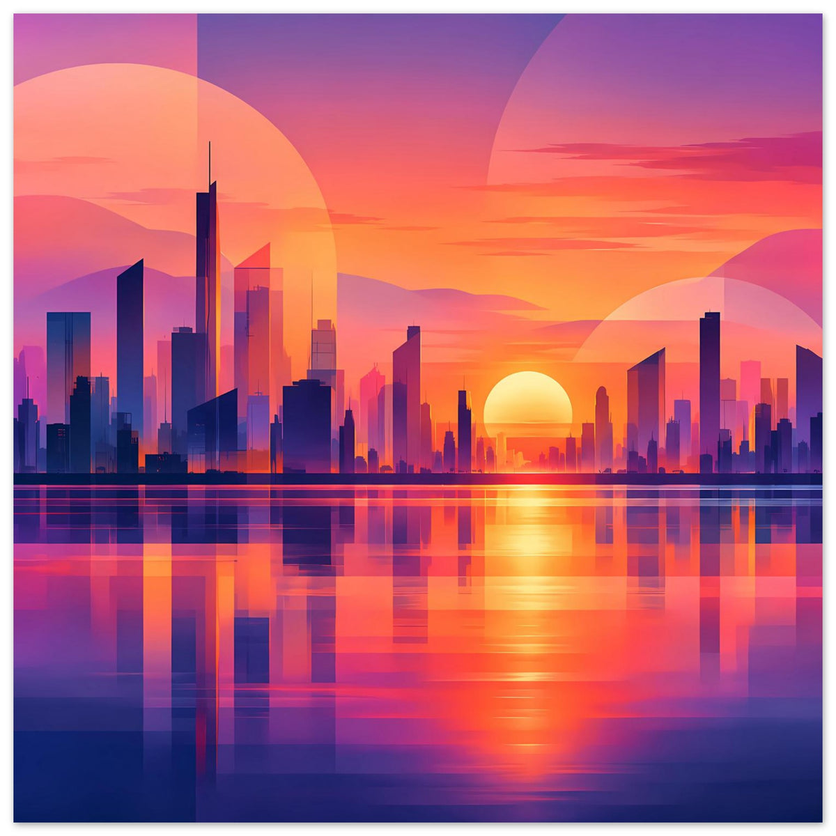 Hochkant-Stadtposter mit futuristischer Skyline, Sonne über der Stadt und Wasserspiegelung
