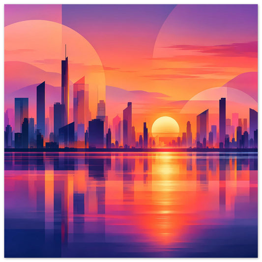 Hochkant-Stadtposter mit futuristischer Skyline, Sonne über der Stadt und Wasserspiegelung