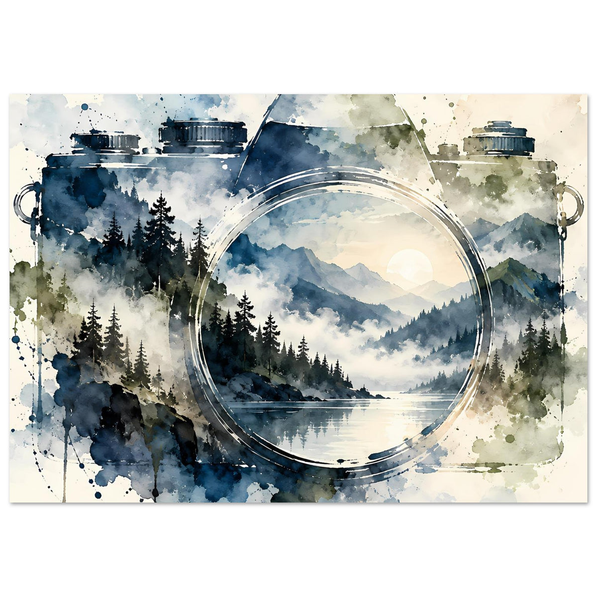 Querformat-Aquarellposter mit Vintage-Kamera, Rundlinse und Bergsee im Tannenwald