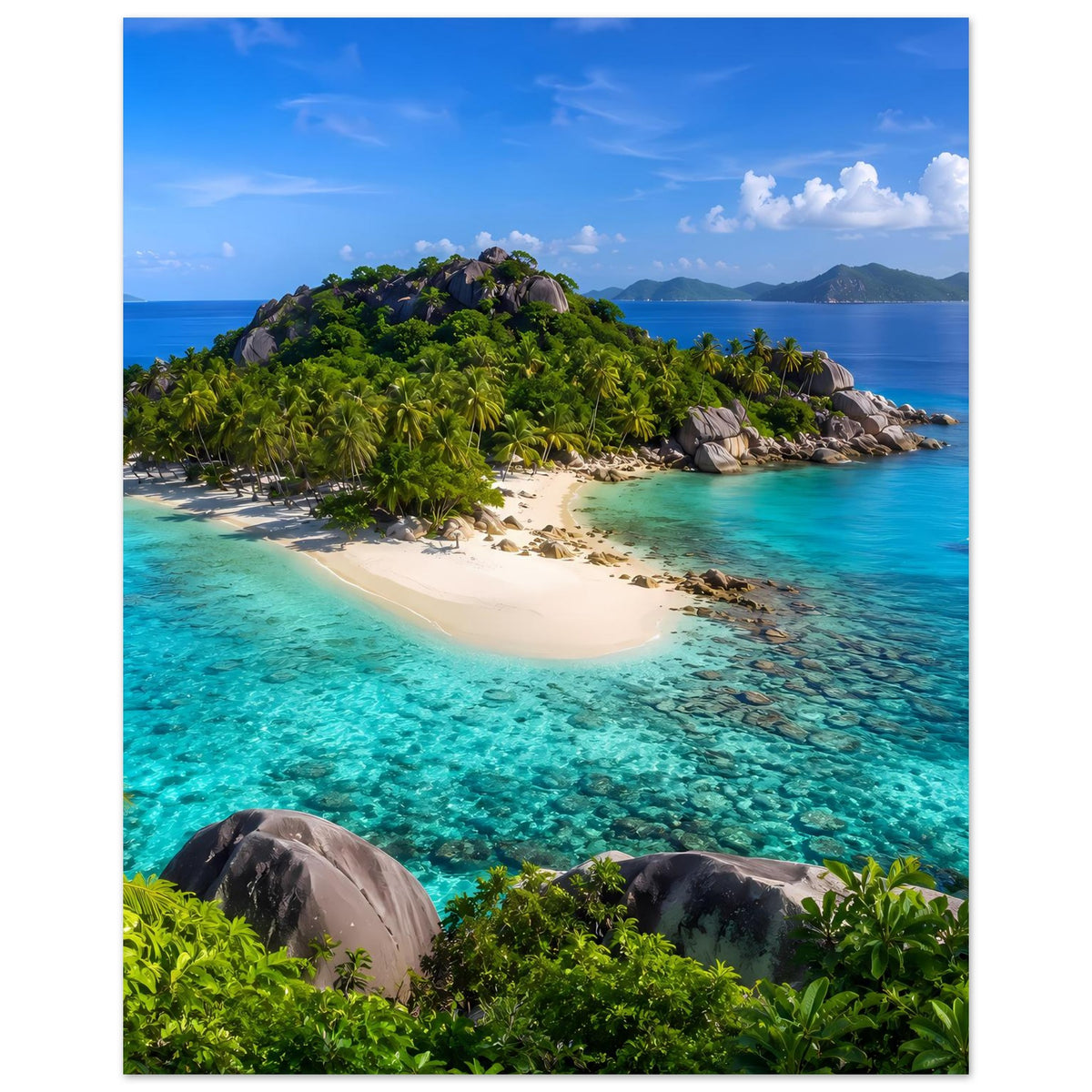 Tropisches Strandposter im Hochformat: türkisfarbenes Wasser, Sandstrand, bewaldete Insel.