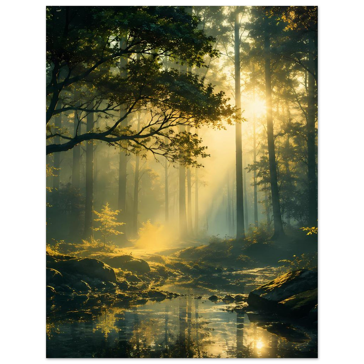 Vertikales Poster mit Waldszene, goldgrünen Blättern und reflektierender Bachoberfläche