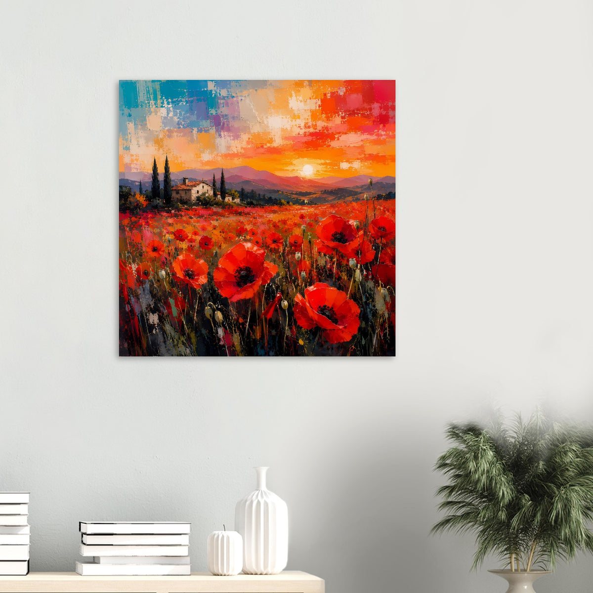 Quadratisches Wandposter mit rotem Mohnfeld, Landschaft und Sonnenuntergang in Orange und Blau