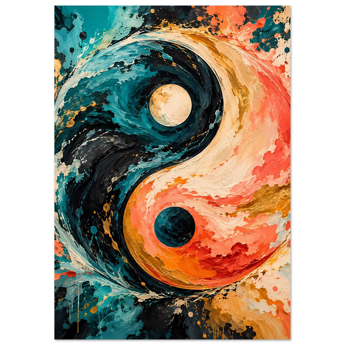 Vertikales Abstraktes Yin-Yang-Poster mit kontrastreichen Spiralen in Türkis, Creme und Orange