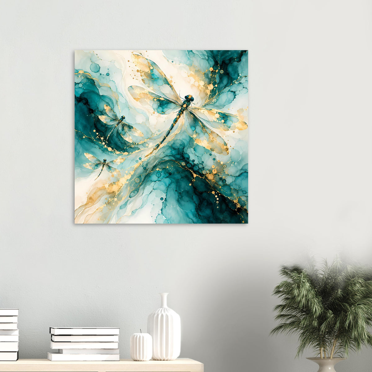 Kleines Kunstposter: abstrakte Libellen in Türkis und Gold mit geschwungenen Linien und Sprenkeln