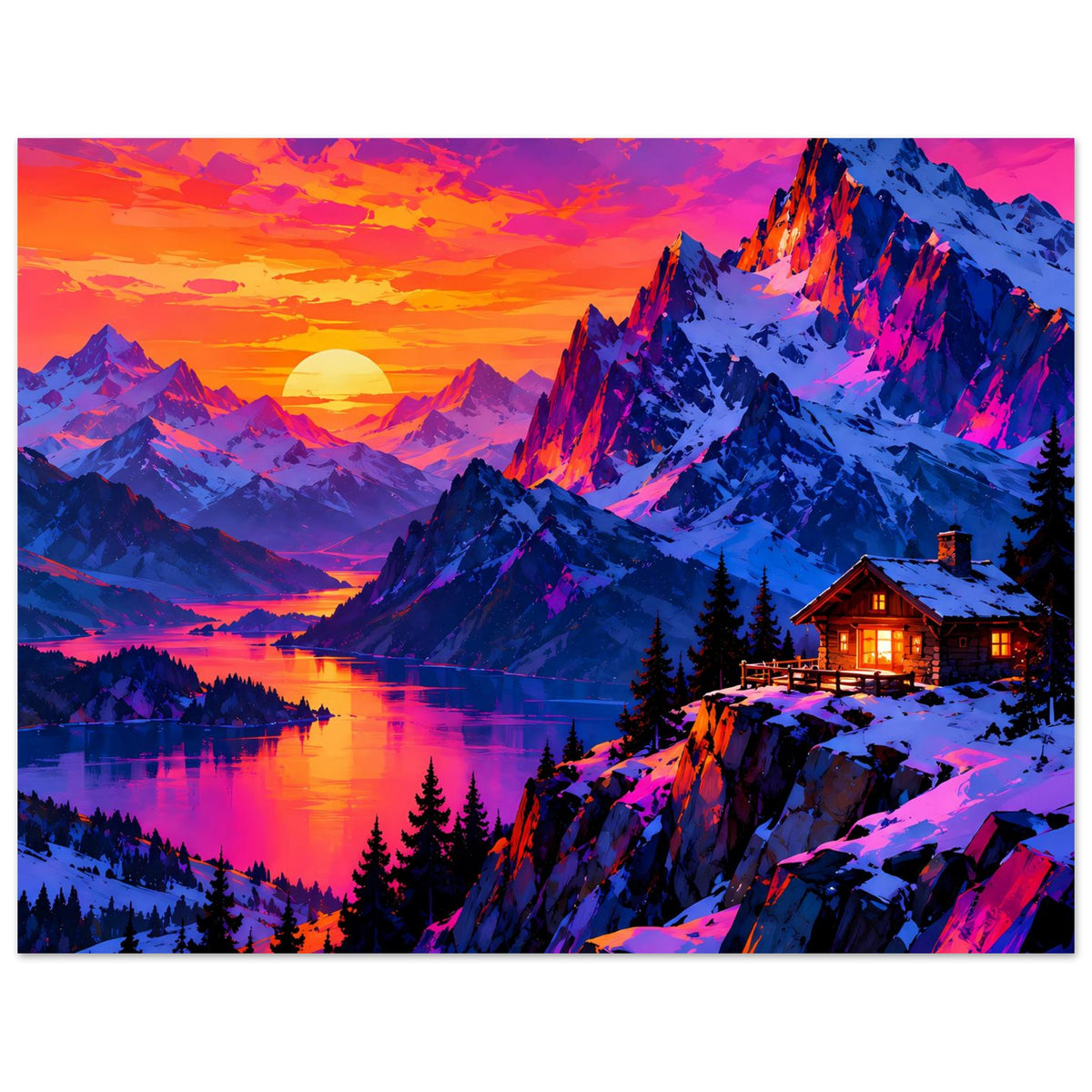 Querformat Poster, Bergpanorama mit orangefarbener Sonne, See und beleuchtetem Haus