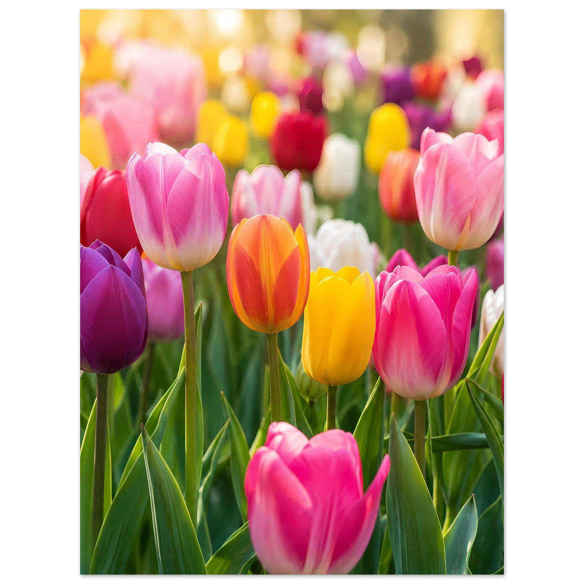 Vertikales Poster mit Tulpenmotiv in Pink und Gelb, grüne Blätter und Stängel
