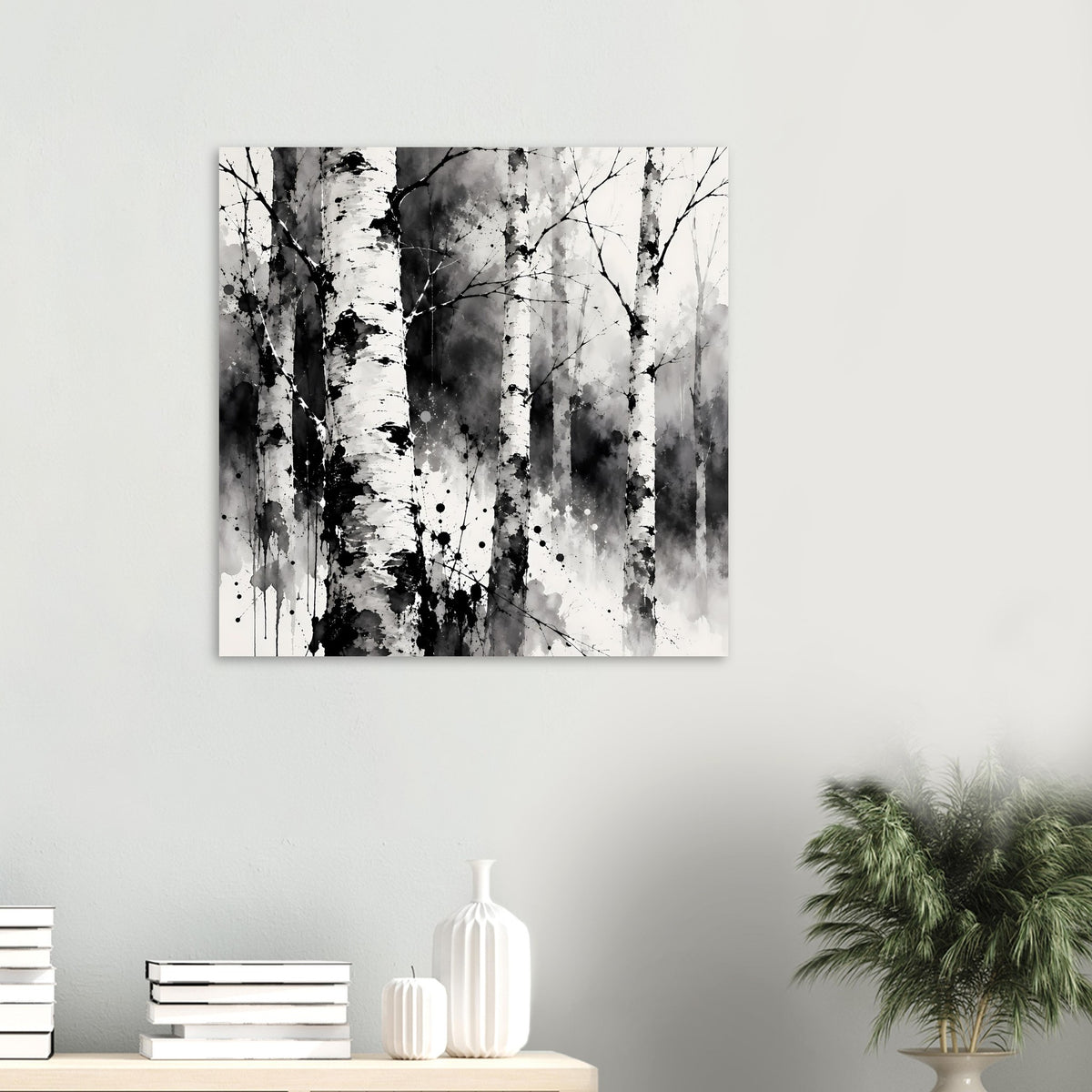Monochromes Birkenwald-Kunstposter im Querformat mit schwarzem Baumstreifen und Sprenkeln