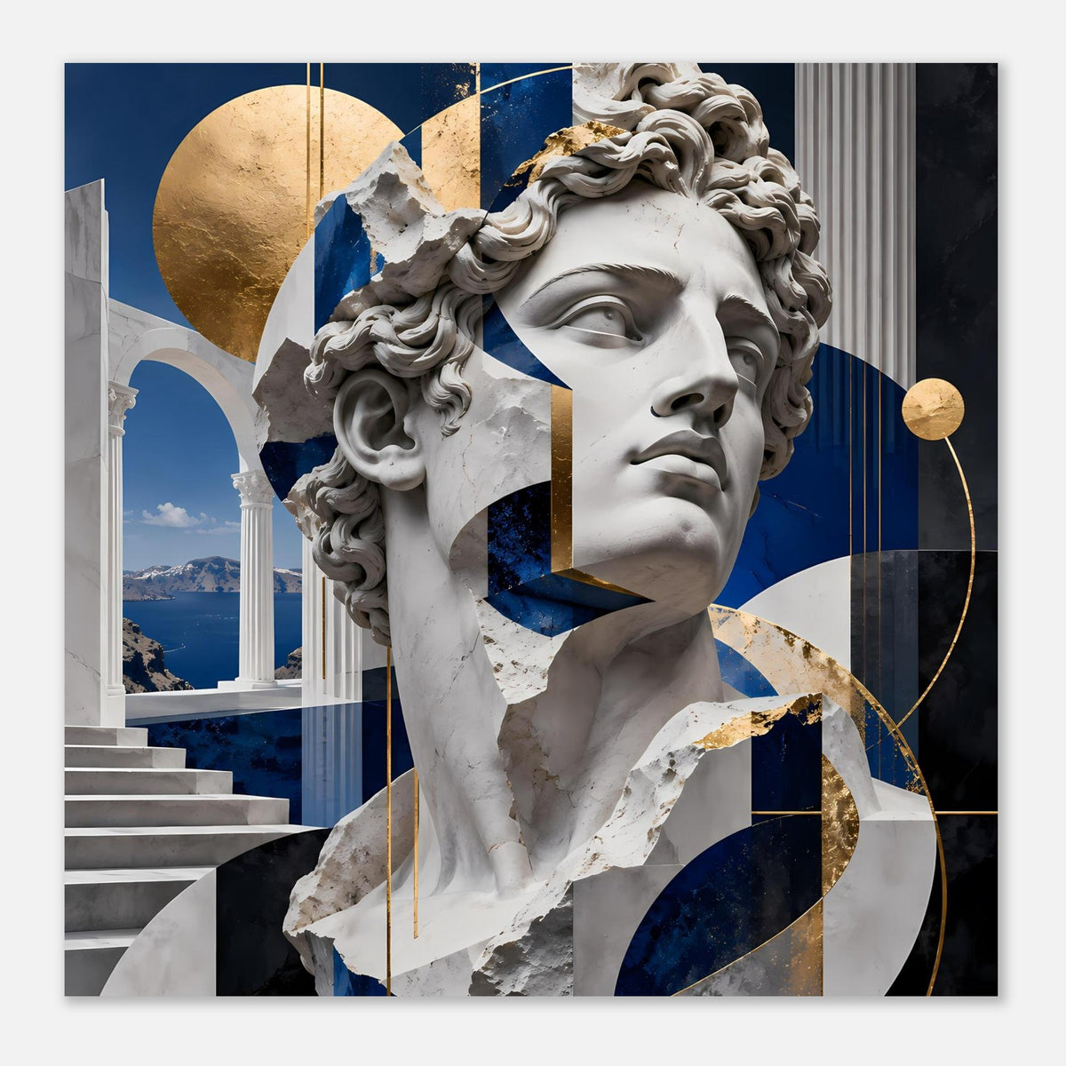 Poster mit Marmorbüste und geometrischem Muster in Blau und Gold