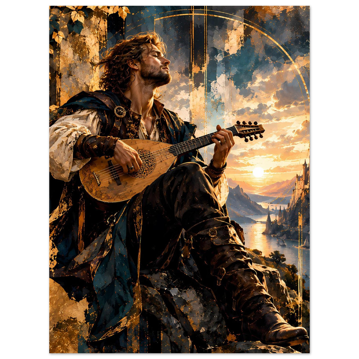 Fantasy-Barden-Poster: Barde im Umhang mit Laute, Szene in Vertikalausschnitt